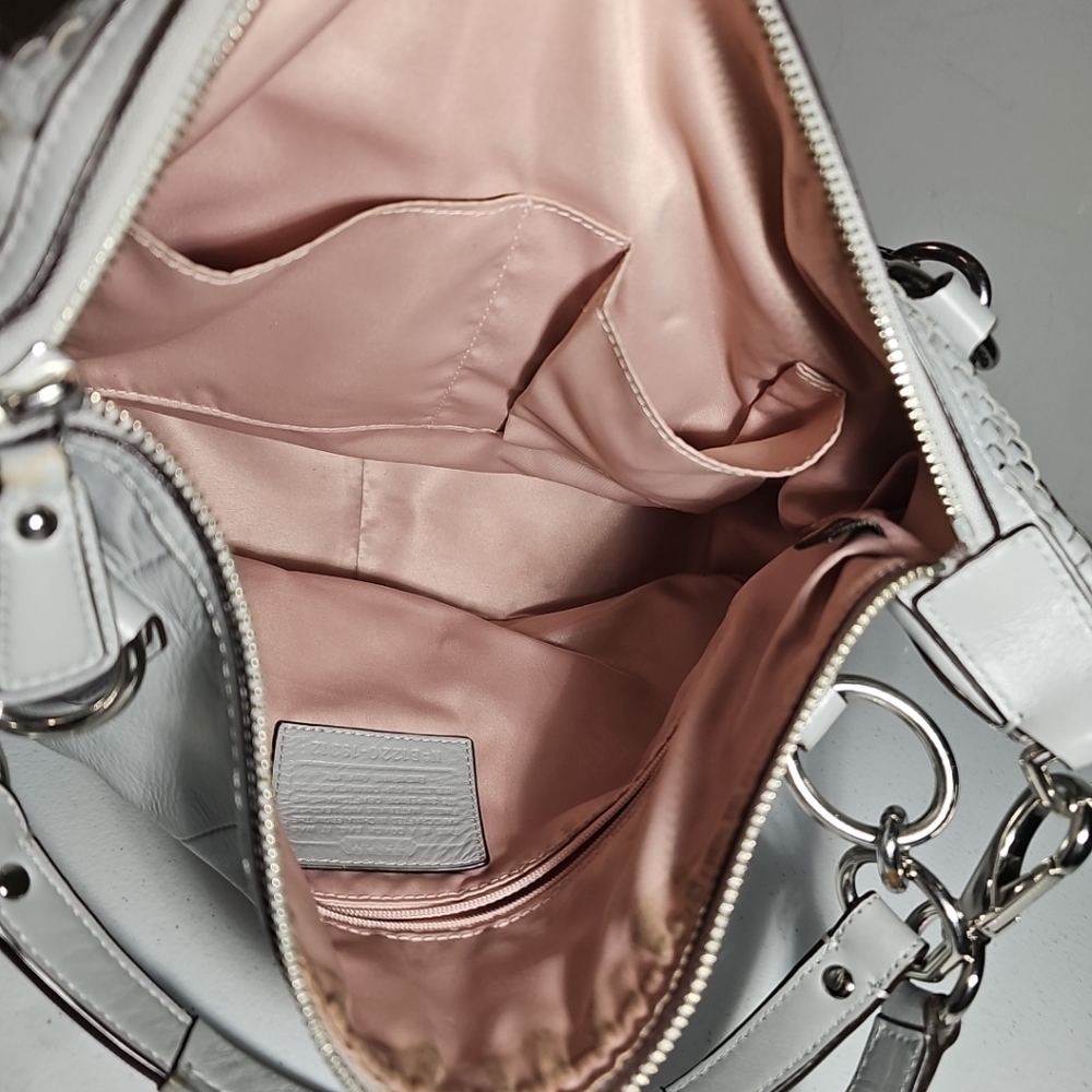 Coach Kristen Woven Round Leather Satchel $498 Authentic Gray/Silver VGUC - Picture 12 of 16